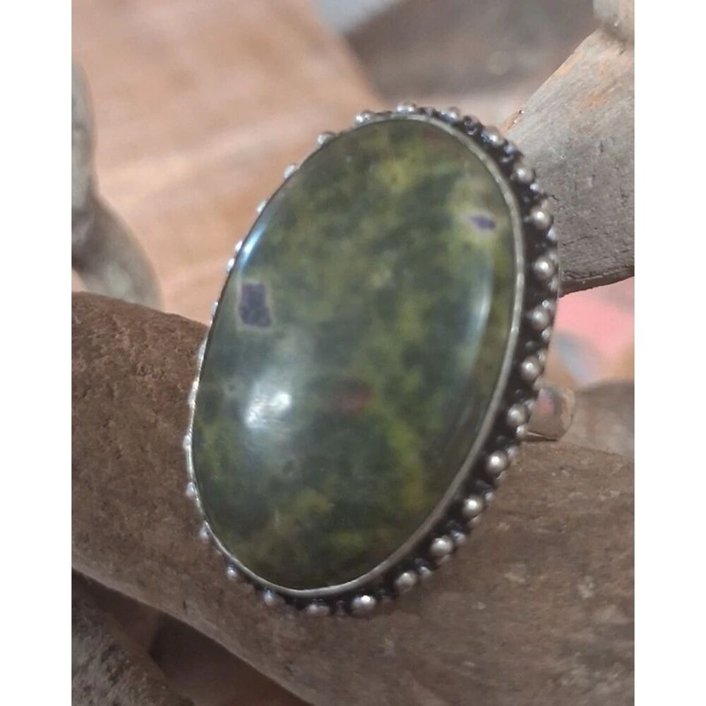 Artisan Southwestern Boho Style Atlantisite Stichtite Oval Statement Ring